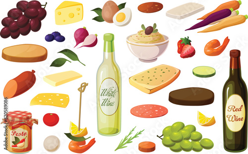 Cute vector illustration of various food items for a cheeseboard or charcuterie board with cheese, salami and fruit.