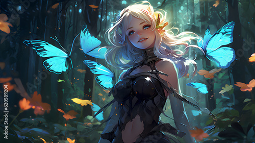 Serenity in Bloom: Anime Girl Amidst Flowers and Butterflies