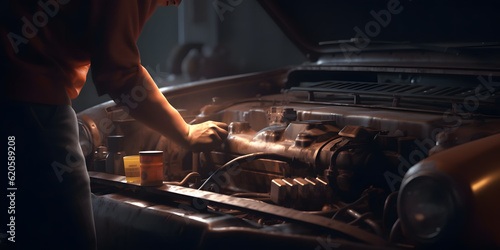 A mechanic changing the oil in a car engine Hyper-realist one generative AI