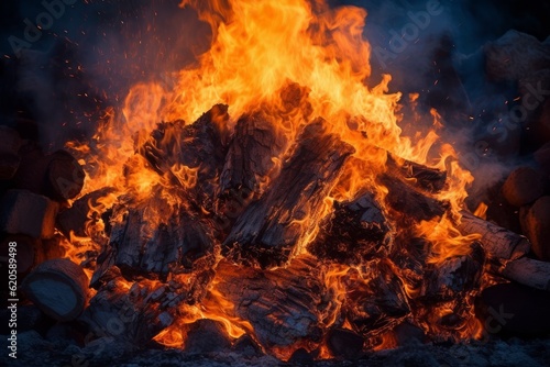 Illustration of a large pile of wood on fire, created using generative AI