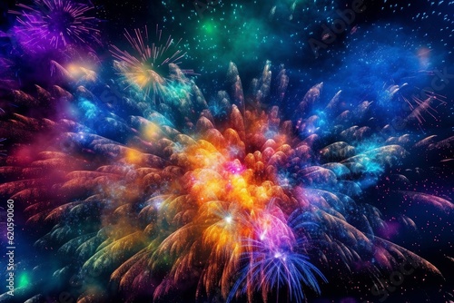 Illustration of Colorful fireworks exploding in the night sky created using generative AI