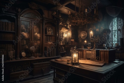 Gothic RPG shop with dimly lit lamps and spellbooks. Generative AI