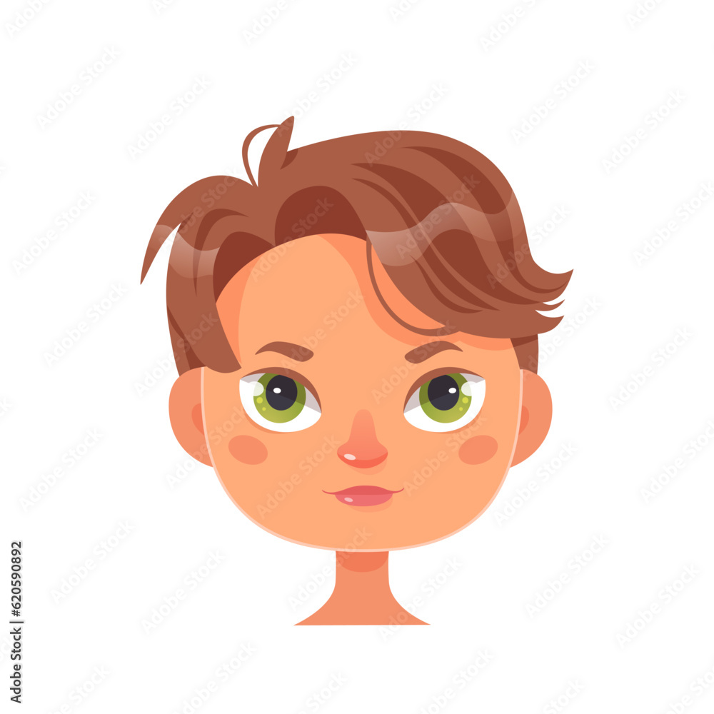 Boy face portrait vector illustration. Cartoon isolated profile avatar with cute male head, brunette with green eyes and curly androgen hairstyle on short brown hair, pretty teen character Boy face portrait vector illustration. Cartoon isolated profile avatar with cute male head, brunette with green eyes and curly androgen hairstyle on short brown hair, pretty teen character