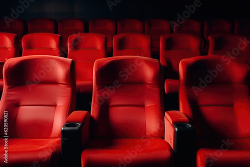  Red seats in cinema or theatre interior. Empty movie theater. Copy space. Generative Ai
