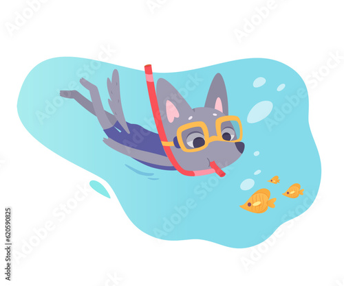 Scuba dive adventure of cute wolf diver, baby animal in mask diving in blue water