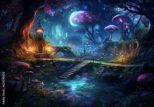 Fantasy landscape, magical night, fairy tale forest.  Generative AI