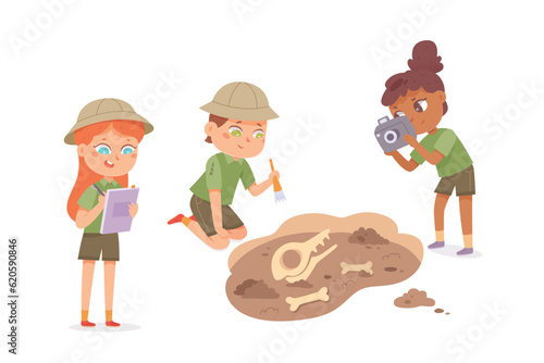 Children archaeologists discover dinosaur fossil on excavation works of archeology