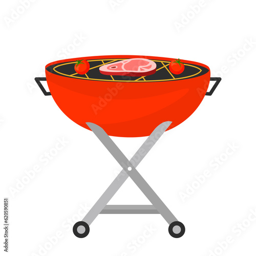 Barbecue, street large brazier for cooking on gas or fire. Frying steak and vegetables, grilling meat. Home party or picnic. Equipment for family or friends weekend pastime. Vector illustration