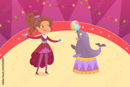 Circus characters perform juggling show vector illustration. Cartoon cute seal juggler playing ball on podium and trainer in vintage tuxedo, carnival performance of happy animal and funny girl