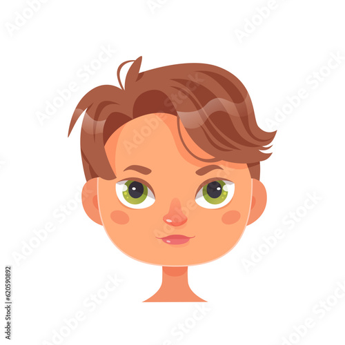 Boy face portrait vector illustration. Cartoon isolated profile avatar with cute male head, brunette with green eyes and curly androgen hairstyle on short brown hair, pretty teen character