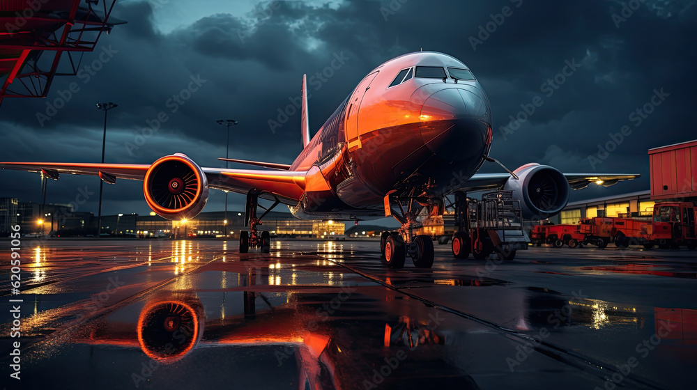 Airplane with two engines sitting on the runway at night