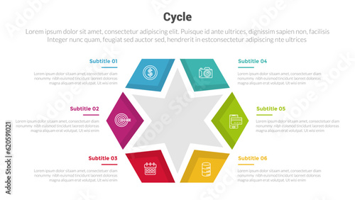 cycle or cycles stage infographics template diagram with star shape center and 6 point step creative design for slide presentation