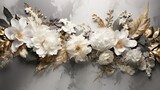 A mesmerizing flat lay scene featuring a blend of marble textures in shades of gray and gold, adorned with delicate floral arrangements and gilded accents. Wedding, voucher, wallpaper. Generative AI. 