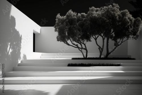 Illustration of a black and white landscape with tall trees and a sense of tranquility, created using generative AI