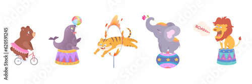 Circus animals set, cute acrobats and artists characters perform carnival show on stage