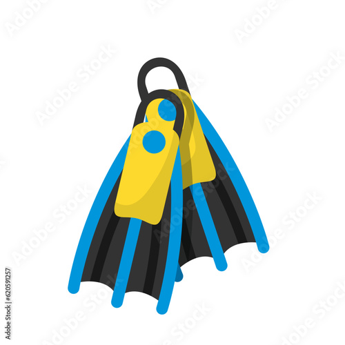 Rubber flipper diver equipment isolated on white background. Leg shoes for swimming. Sport gear for snorkeling. Hobby and leisure. Tourism and travel. Underwater exploration, extreme sport tool