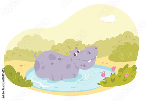 Cute happy hippopotamus swimming in zoo pond vector illustration. Cartoon isolated cheerful baby hippo character bathing, funny big fat animal sitting in blue water of small pool to enjoy summer