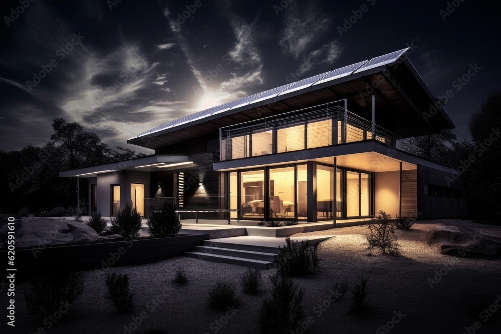 Illustration of a house illuminated by artificial lights during the nighttime, created using generative AI
