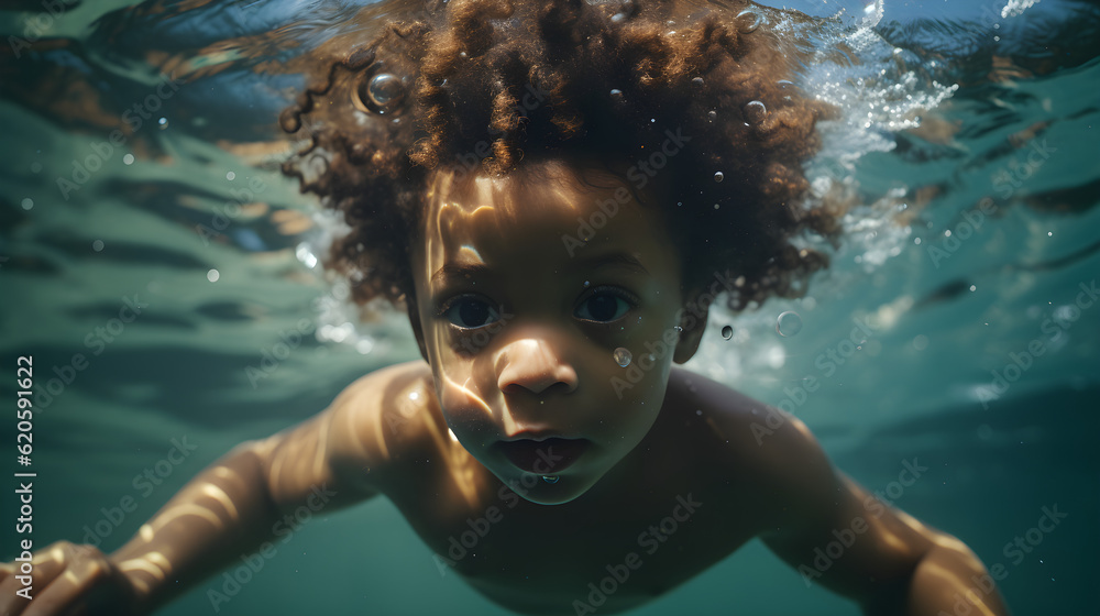 Africa-American baby swimming in the pool, under water photography 