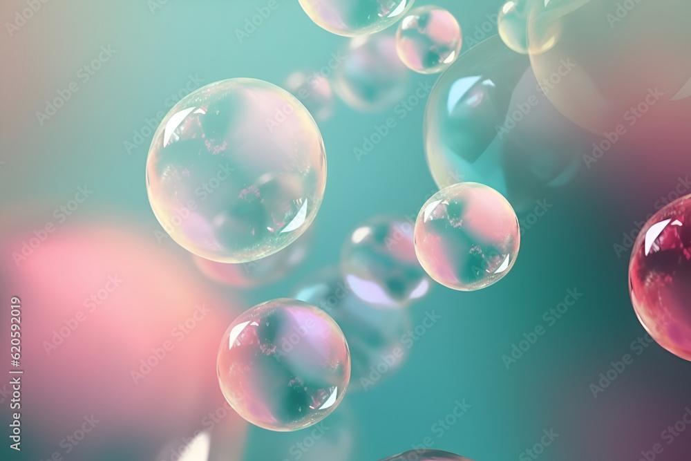 Abstract bubbles background. Realistic transparent colorful soap bubbles with rainbow reflection on a trendy colored background. Beautiful pink soap bubbles floating background
