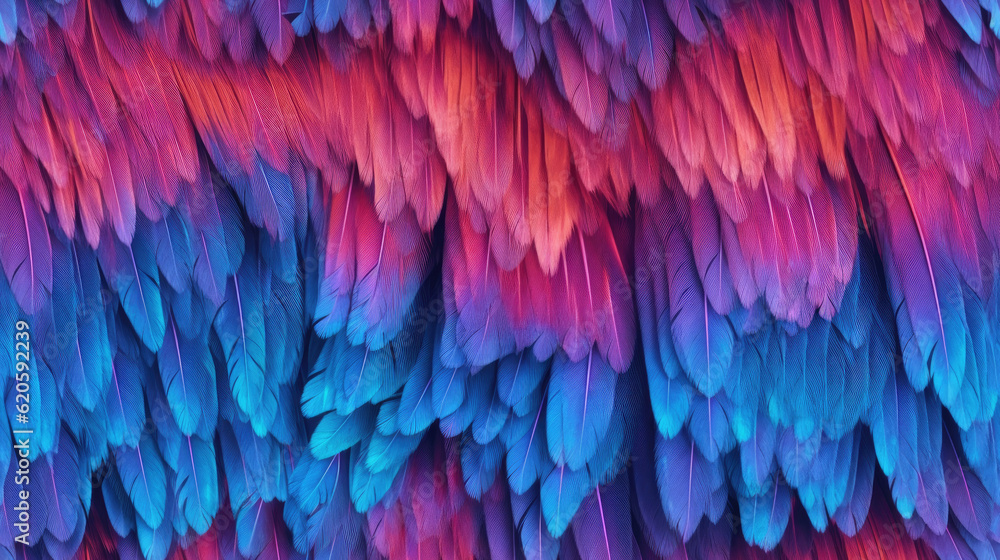 Obraz premium colorful feather pattern, blue and pink feathering, AI
