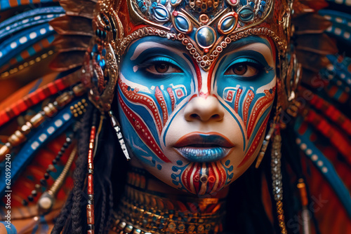 Close up of person with face painted like indian dancer. Generative AI.