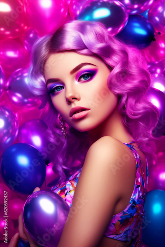Woman with pink hair and blue eyes is surrounded by purple and blue balloons. Generative AI.