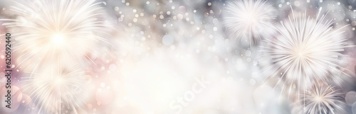 Beautiful abstract fireworks in white and silver colors with copy space panorama banner design