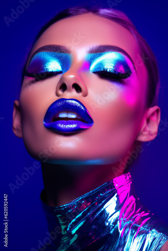Photo Close up of woman with bright makeup and blue eyeshades
