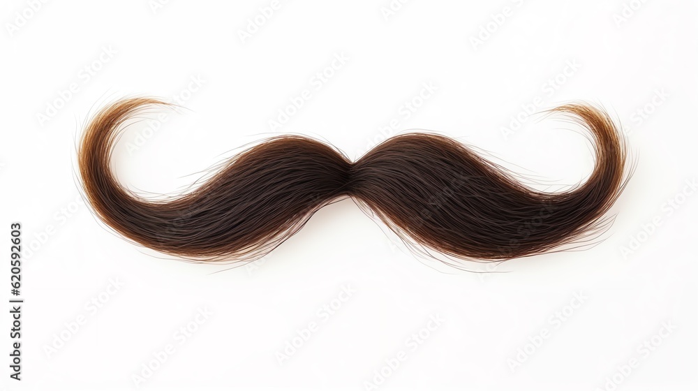 Brown mustache. Gentleman curled facial hairstyle, barbershop decoration design symbol. Mustache on isolated white background. Generative AI Brown mustache. Gentleman curled facial hairstyle, barbershop decoration design symbol. Mustache on isolated white background. Generative AI