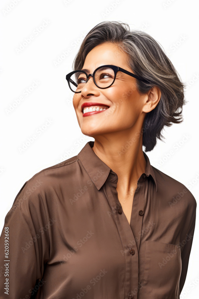 Woman with glasses smiling and wearing brown shirt and brown shirt. Generative AI.