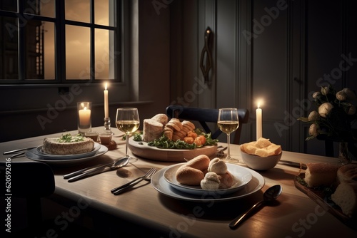 Illustration of a table set with a delicious plate of food and a glass of wine, created using generative AI