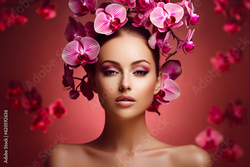 Woman with pink orchids on her head and flower in her hair. Generative AI.