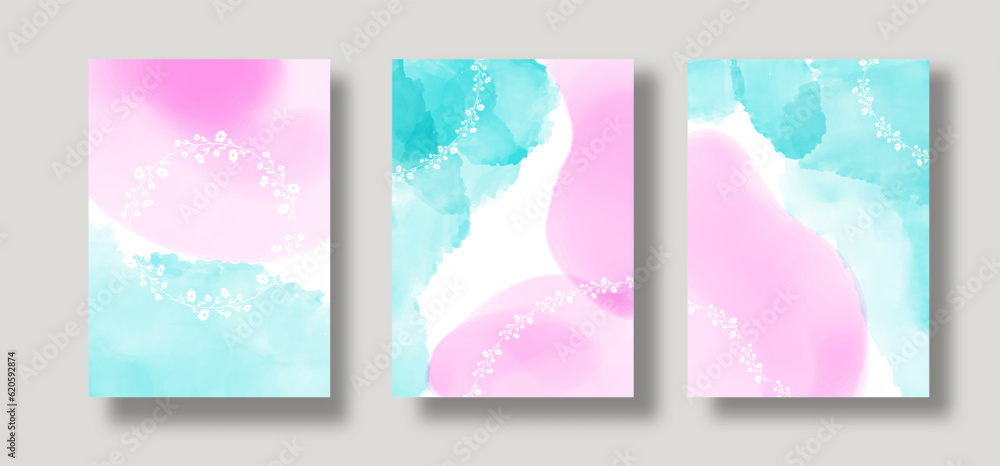 Abstract blue pink watercolor background vector. Baby shower card with doodle flower. Invite design for wedding and vip cover template.