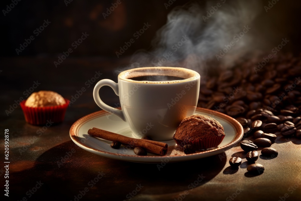 Illustration of a cup of coffee and a muffin on a plate, created using generative AI Illustration of a cup of coffee and a muffin on a plate, created using generative AI