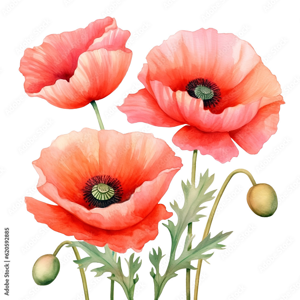 Fototapeta premium Water color pastel poppy png clip art no background