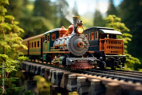 A toy train traveling over a bridge in a forest. AI