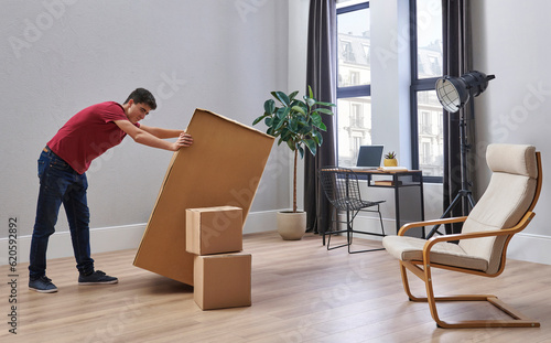 Young and teenage man moving home style, box, room, interior concept.