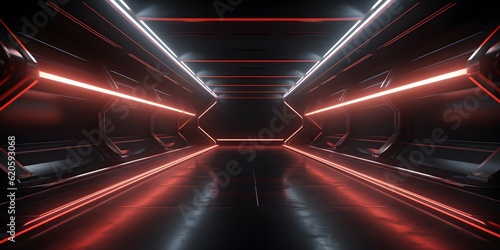 Dark Futuristic Modern Garage Showroom Tunnel Corridor. Entrance 3D Illustration