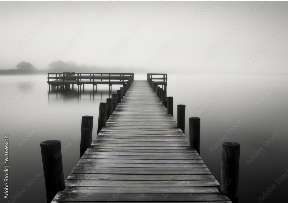 Naklejka premium Minimalistic scene in black and white tones in misty weather. Generative AI illustrations