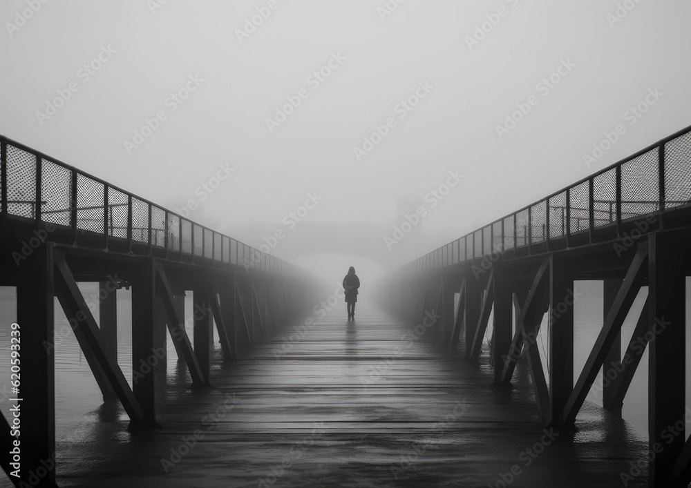 Fototapeta premium Minimalistic scene in black and white tones in misty weather. Generative AI illustrations