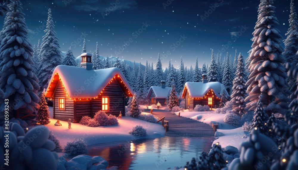 Christmas theme of a small and cozy xmasvillage in the snow. Generative AI illustrations
