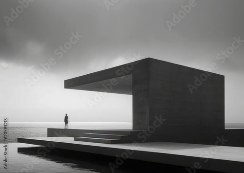 Obraz na płótnie Minimalistic scene in black and white tones in misty weather. Generative AI illustrations w salonie