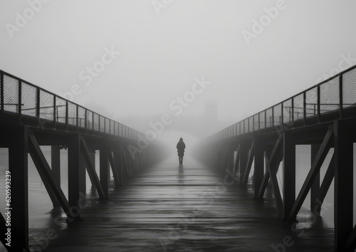 Minimalistic scene in black and white tones in misty weather. Generative AI illustrations