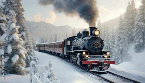 Veteran locomotive driving through a winter landscape with steam coming out of the chimney. Generative AI illustrations