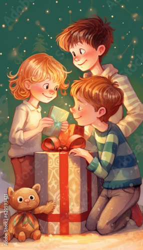 Excited young kids opening Christmas presents in a cozy xmas themed image. Generative AI illustrations