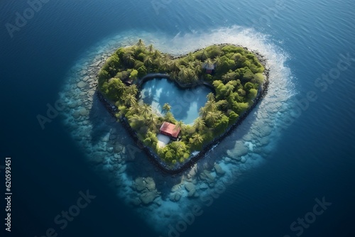 A heart shaped island in the middle of the ocean. AI