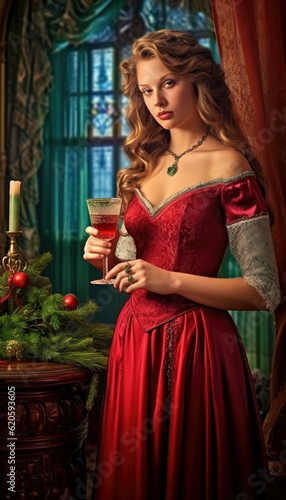 Merry Christmas. Beautiful Xmas woman dressed up for Christmas in the holidays. Generative AI illustrations © Polarpx