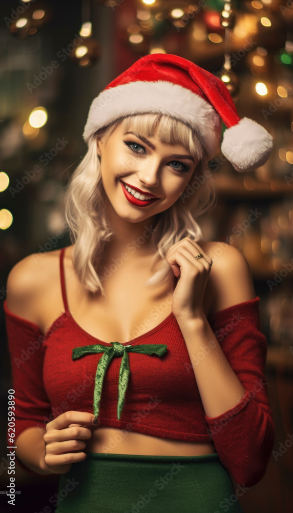 Merry Christmas. Beautiful Xmas woman dressed up for Christmas in the holidays. Generative AI illustrations Merry Christmas. Beautiful Xmas woman dressed up for Christmas in the holidays. Generative AI illustrations