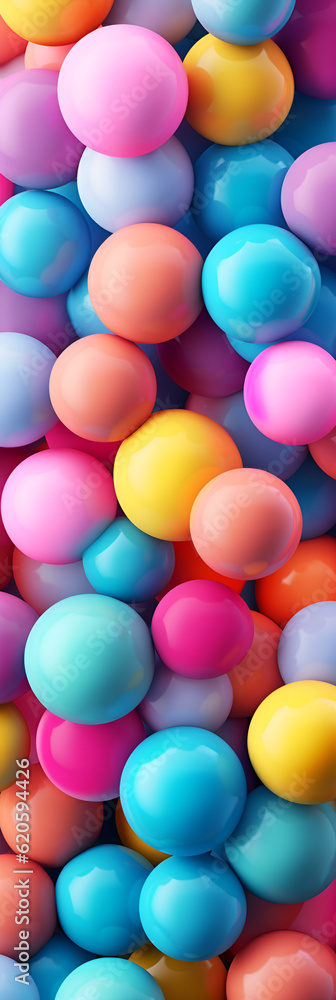 Abstract bubble background. Vetrical banner with multicolored random flying spheres. Colorful rainbow glossy soft balls of different size, pastel colors Abstract bubble background. Vetrical banner with multicolored random flying spheres. Colorful rainbow glossy soft balls of different size, pastel colors